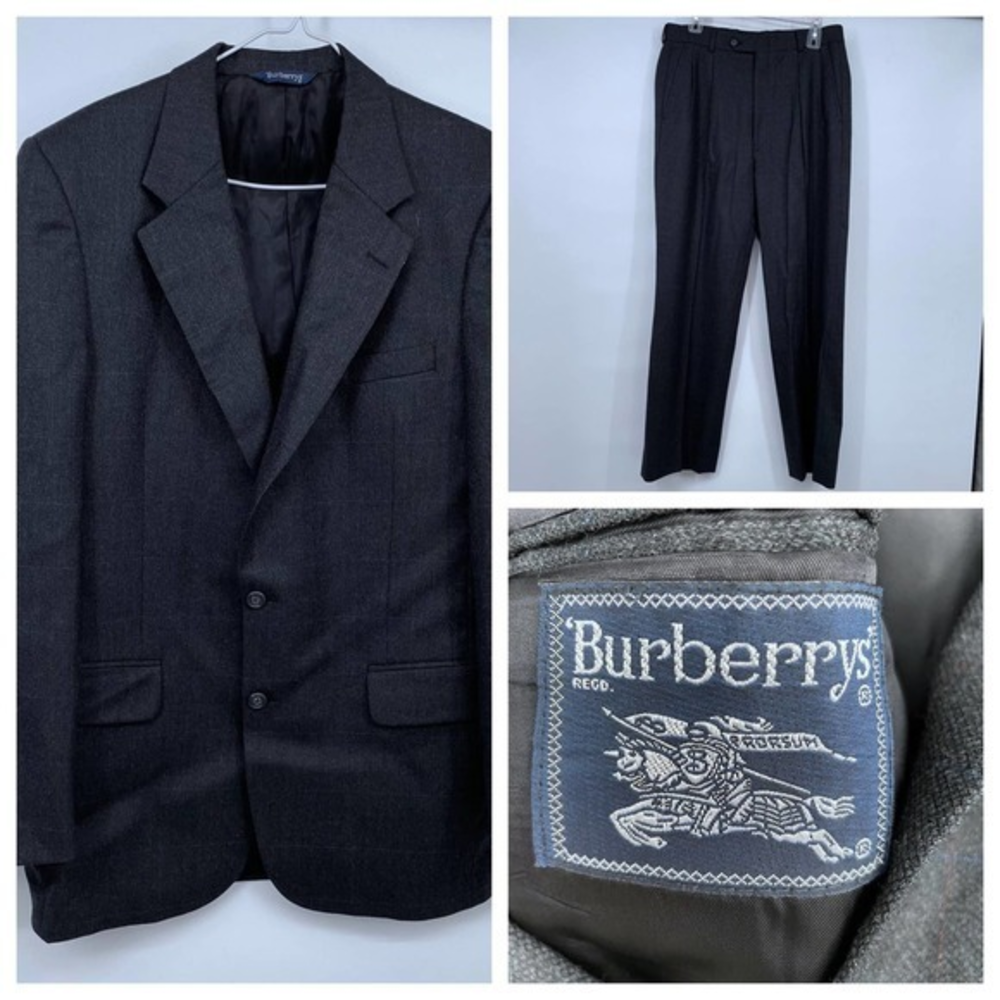 Burberry's Charcoal Gray Big Plaid 2-Button‎ Suit Jacket & Pants Combo 40L